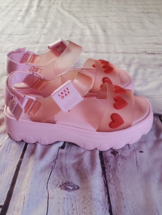 Melissa Shoes - Melissa x Lazy Oaf Pink Platform Sandals with Red Heart Accents